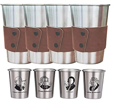 4 Paquetes de Taza de Acero Inoxidable de 500ML - Vaso de Cerveza Personalizado Reutilizable con Estuche de Cuero, Taza de Grabado Láser Vasos para Beber para Actividades en el Interior del Hogar