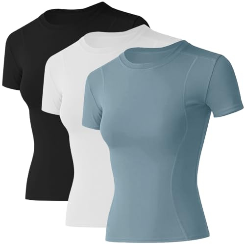 Loovoo Womens Workout Sets Crew-Neck Basketball Tops Stretchy Scrubs Absorbing T-Shirts Compress Comfortable Smooth Tee