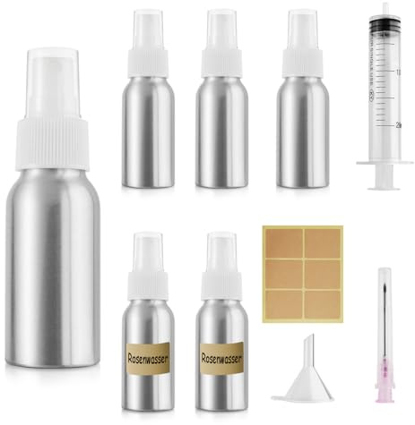 Furuising 5 Stück 30ml Aluminium Sprühflasche Klein, Sprayflasche Leer, Mini Zerstäuber Sprühflasche,Tragbares Pumpzerstäuber mit 20ml Spritze, Trichter, Aufkleber für Kosmetik,Flüssigkeit
