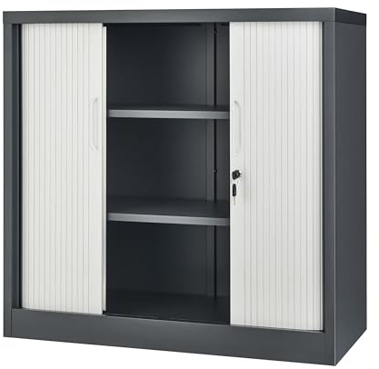 POLLOR Tambour Storage Cabinets, Lockable Steel Office Cupboard Rolling Sliding Door, 50kg Load Capacity Per Shelf (Anthracite Grey/White, 90cm)