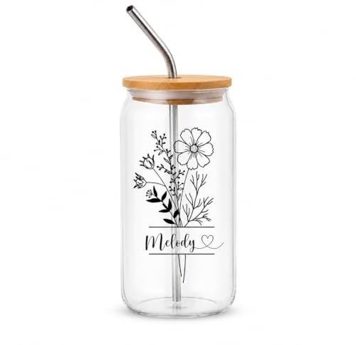 Drawelry Personalisiert Name Wassergläser mit Geburt Blume Gedruckt Gläser Bambus Deckel und Stroh 500ml Long Drinkgläser Kaffee Milch Getränke Cocktail Bier Tee Glas Tasse für Familie Party Bar (C)