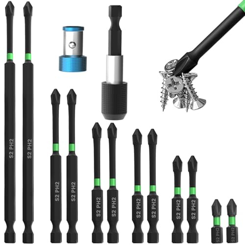 Magnetisches Schraubendreher-Bit-Set, 25–150 mm, Kreuzschlitz-Bits, #2, Schlag-Magnet-Bits, Schnellwechsel-Bithalter und Magnetring, Kreuzschlitz-Bohrer, 1/4 Zoll Sechskantschaft