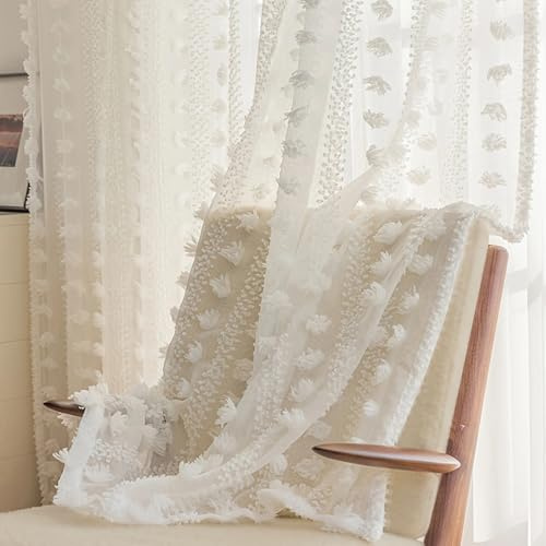 ColorBird White Sheer Pom Pom Curtains Spring Decor 84 Inches Long 2 Panels Set for Living Room, Boho Style Cute Nursery Curtains, Light Filtering Privacy Rod Pocket Drapes for Bedroom Dining Room