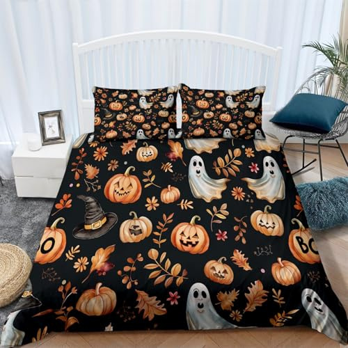 Bettwäsche 135 x 200 cm Winter Flauschig Warme Bettbezug, Schwarz Waschbar Halloween Bettbezug - Cartoon Aquarell Pflanzen Totenkopf Kürbis Weich Mikrofaser Bettwäsche Set für Jungen und Mädchen