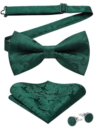HISDERN Herren Paisley Fliege und Einstecktuch mit Manschettenknöpfe Set,Schleife mit Haken - Bereits Gfebunden，Verstellbare Fliege,Vorgebundene Fliege,für Hochzeit Sfeier Weihnachten Halloween