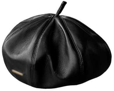 Baskenmützen aus PU-Leder für Damen, französische Baskenmütze, Künstler, Maler, klassisch, einfarbig, Newsboy-Beanie, Kürbismütze, Schwarz A#, Einheitsgröße
