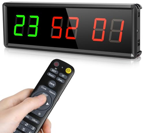 PELLOR Temporizador de Gimnasio Sports Timeter, 1.5 Temporizador Intervalos Fitness LED Programable con Cronómetro,Brillo Ajustable, Reloj de Entrenamiento con Control Remoto para Casa Garaje Externo