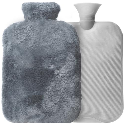 Qomfor XXL Borsa Acqua Calda Grande (3L) con Fodera Morbida – Borsa Acqua Calda Pelosa in Pelliccia per Dolori e Relax – Borraccia Acqua Calda Perfetta per Inverno, Crampi e Mal di Schiena (Grigio)