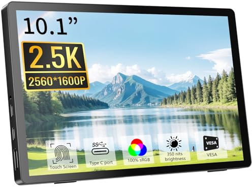Pisichen Moniteur Portable à écran Tactile, QHD 2,5K(2560 x 1600) IPS 10,1 Pouces Portable Touchscreen Display, Moniteur Externe HDMI USB-C pour PC Portable PS4 Xbox, Haut-parleurs intégrés
