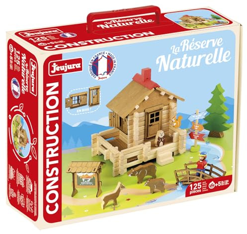 Jeujura - Réserve Naturelle 125 Pièces - Jeu de Construction 5 Ans - 8093 | Personnages, animaux et tapis de jeu inclus - Valisette de rangement - Jeu en bois enfant - Imagination - Fabriqué en France