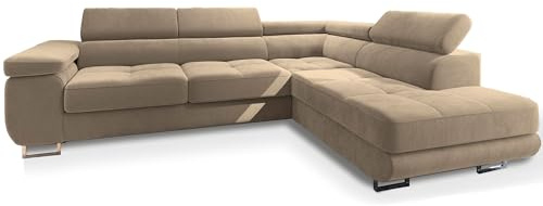 Masseno Ecksofa Selva R-S mit Schlaffunktion L-Form, Glamour Sofa mit Bettkasten, Wohnzimmersofa, Couch, Soffa, Bettsofa, Couchgarnitur - Creme, Monolith 04