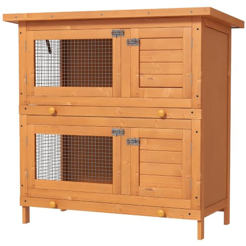 PawHut Hasenstall 2 Etagen Holz für 2 Zwergkaninchen 90 x 45 x 90 cm Gelb | Kaninchenstall aus Holz, Kaninchenkäfig mit Bitumendach, 4 Türen, Metallgitter, Wetterbeständig, Hasenkäfig, Outdoor