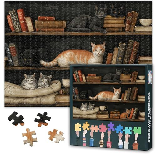 Adorable Cats Puzzles for Adults 1000 Pieces, Bookshelves Jigsaw Puzzles, Old Books Teacups Adult Puzzle for Adults, Educational Fun Games or Toys for Elders Friends 20X27 INCH