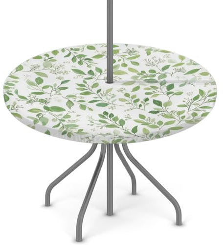 Woltant Tovaglia rotonda con foro per ombrellone e cerniera, facile da pulire, con bordi elastici, protezione per tavolo da esterno, per giardino, patio, barbecue (foglie verdi)