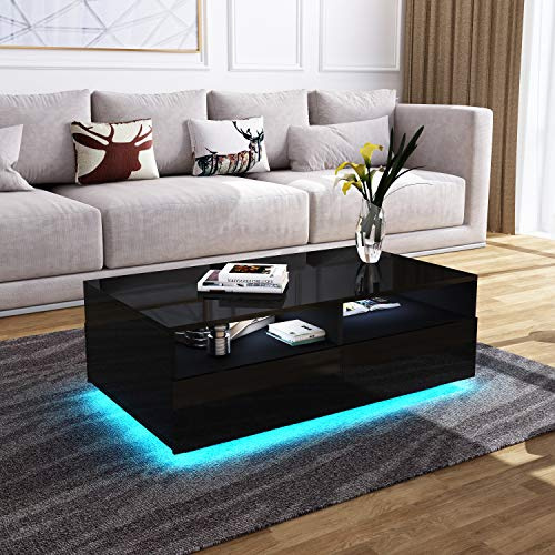 Couchtisch für Wohnzimmer, LED-Beleuchtung Hölzerner Mitteltisch Teetisch | Schwarz Glanz Couchtisch, Rechteckiger Wohnzimmertisch Beistelltisch, 4 Schubladen & Offenem Fach