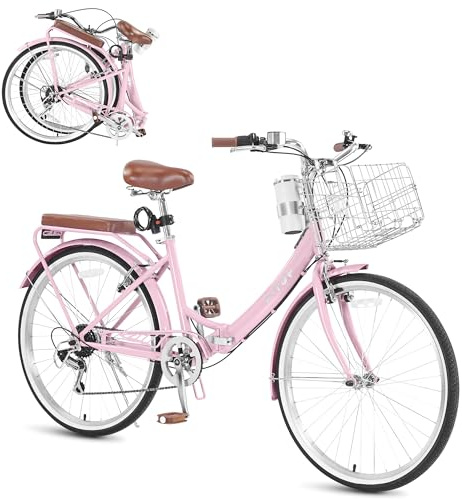24/26 Inch Foldable Beach Cruiser Bike for Womens, 7 Speed Womens Bike with Basket and Coffee Cup, Commuting Bicycles for Women, Lightweight Complete Cruiser Bikes Bicycle for Ladies​​ Adults