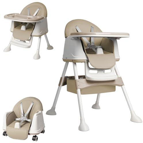 YARDIN Seggiolone 3 in 1 per bambini, pieghevole, con regolazione in altezza, doppio, seduta e ruote rimovibili, seggiolone combinato multifunzione per pasti e attività, beige