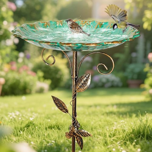Vogeltränke Stehend Garten, Vogeltränke Winterfest Metall, Blumenform Vogelbad für Draußen, Vogelbad Garten Stehend Frostsicher, Gartendeko Vogelbecken Mit Ständer Vogelfutterspender Für Draußen (A)