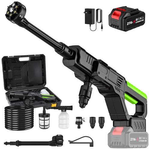 Idropulitrice a Batteria, 90Bar Idropulitrice Portatile con 2 x 4.5Ah Batterie, Ugello 6 in 1, 3 Livelli di Pressione Regolabili, Motore Brushless, Pistola Idropulitrice per Auto (A)