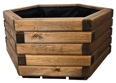 HolzGarden Pflanzkübel Holz 60x30x53 cm Imprägniert Farbe Teak Wetterfest Blumenkasten Blumentopf Groß Außen Balkon Garten Pflanzkasten Sechseck 63l Serie FORNEA