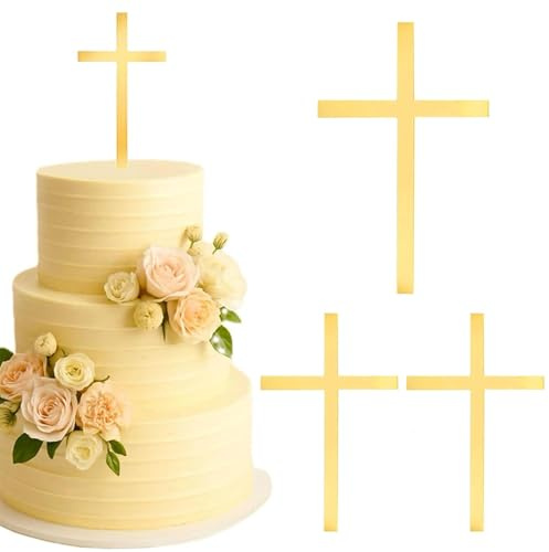 dinghaole 3 Pcs Cross Cake Topper, Christening Cake Topper, Classic Gold Crossing Christening Decorations, Cross cake Toppers Party Birthday cake Decoration for Birthday Baby Shower Adult Boys Girls