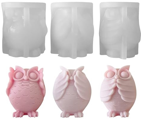 Fyearfly Set di stampi per candele in silicone a forma di gufo, per sapone 3D fai da te, decorazione in gesso, design unico con trio di gufi (vedere, sentire, parlare)