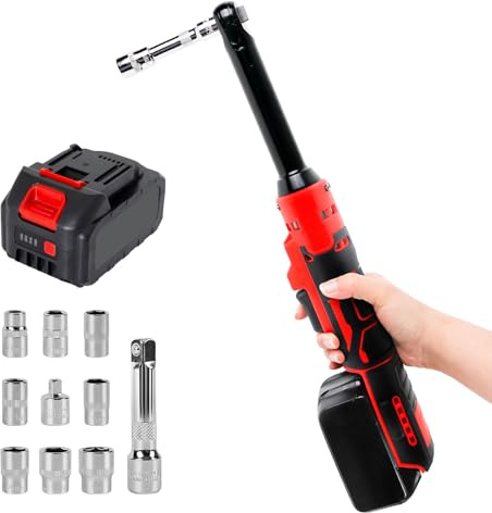 uzoyfoda 3/8'' Cordless Ratchet Wrench, 21V Extended Cordless Ratchet Wrenchs (80N.m), Variable Speed Power Ratchet, Electric Ratchet Wrench with 8 Sockets, 1/4 Adaptor, 3 Extension Bar, Battery