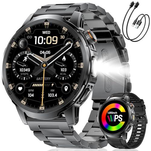 LIGE Smartwatch Herren mit Anrufe, 1000mAh Akku/LED Taschenlampe, 1,85'' HD Großer Display Fitnessuhr Smartwatch, 100+ Sportmodis, IP68 Wasserdicht, Herzfrequenz, Schlafmonitor für Android iOS