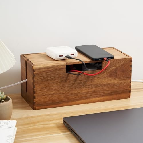 Akazienholz Kabelmanagement-Box, Kabelorganizer mit Deckel für Steckdosenleiste - Kabelversteck für TV, Schreibtisch & Boden, Büro, Wohnzimmer, Home-Office (Untertisch-Kabelbox zur Kabelaufbewahrung)