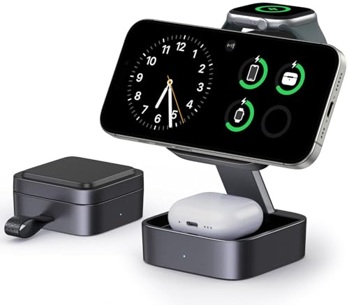 Keepro 3 in 1 Wireless Charging Station for iPhone Magnetic Portable, MagSafe Wireless Charger Stand for iPhone Air/17e/17/16/15/14/13/12, AirPods Pro 3 2 Apple Watch (Adapter Included)-Black