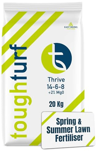 ToughTurf Thrive Spring/Summer Lawn Fertiliser - 20kg Bag - Premium Spring Lawn Fertiliser & Summer Feed for Greener, Thicker Grass - Safe for Children & Pets – 20kg Covers 600m²