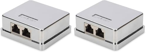 DIGITUS Anschlussdose Cat-6A - 2 Port RJ45 - Aufputz-Gehäuse - Netzwerk-Dose - LSA Schneidklemme - Geschirmt - Silber (Packung mit 2)