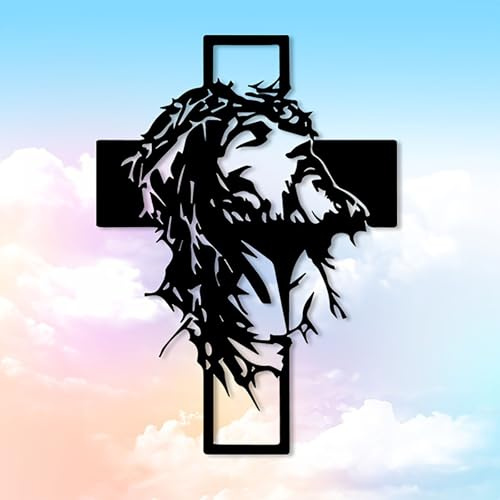 Arte de pared de metal con Jesús y cruz: decoración cristiana del hogar, arte de pared de metal con cruz de clavo de Jesús, decoración religiosa negra con rasgos faciales detallados (12 inch)