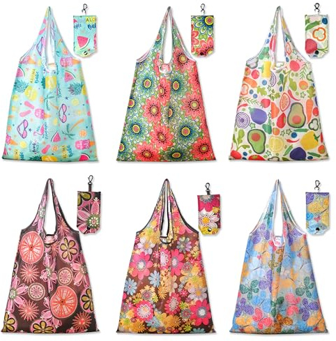 JNYUTEEN 6 Piezas Bolsa de Compra Plegable, Bolsa Grande Reutilizable de 38x58 cm, Bolsas de Compras Plegables para Supermercado, Viajes y Uso Cotidiano