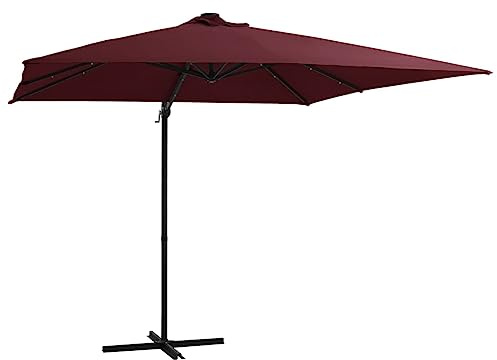 Parasol déporté rectangulaire, avec éclairage LED, 250 x 250 cm, rouge bordeaux, en acier revêtu par pulvérisation, pour terrasse, jardin, extérieur, protection UV, protection solaire, inclinable à