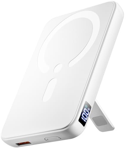 Powerbank für MagSafe, 12000mAh 22,5W Externe Handyakkus mit Ständer, Weiß | Magnetische Powerbank mit LED-Anzeige, Typ-C Eingang & Ausgang, Reise-Essential für iPhone 17/16/15/14/13/12 Pro/Pro Max