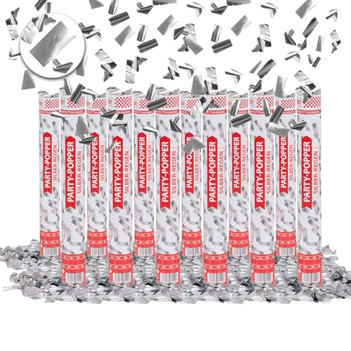 Party Factory – Konfettikanone Silber Party Popper 12er Set – Partygadgets Konfetti Kanone 40cm mit Schnipseln für Hochzeit, Geburtstag oder Silvester – Bis 8m Flughöhe, für Innen & Außen