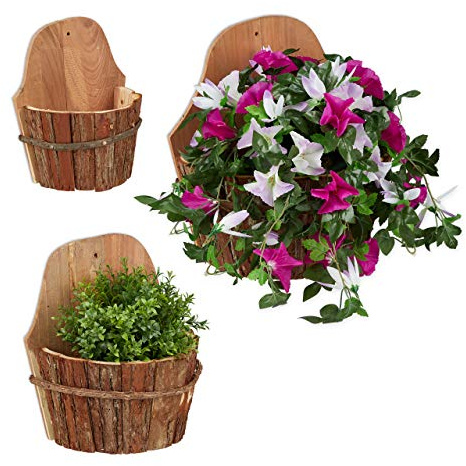 Relaxdays Wand Blumentopf, 3er Set, natürliches Holz, Pflanzengefäß für draußen, Deko zum Bepflanzen, hängend, Natur, 32 x 32 x 21 cm