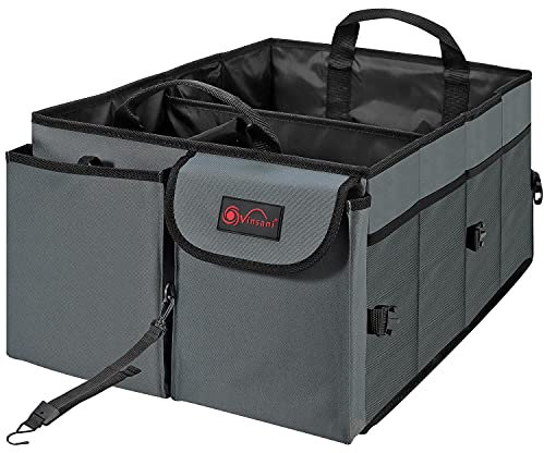 Vinsani Deluxe Car Boot Storage Organiser Bag Anti Slip Foldable Large Tool Box Interior Accessories Declutter Solution Sport Camping Kit Organizer - Suitable for All Vehicles (Grey)