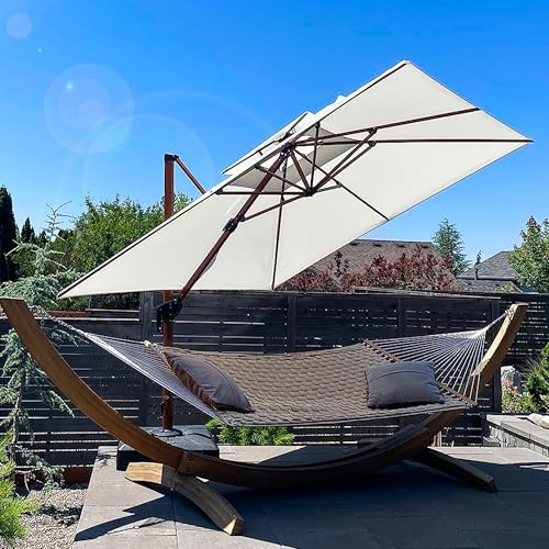 PURPLE LEAF Alu Sonnenschirm Groß Ampelschirm 300 x 300 cm Holzoptik Doppeldach Gartenschirm mit Kurbel 360° Drehbar XXL, Sonnenschutz UV50+, Cream