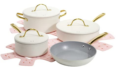 Paris Hilton Iconic Antihaft-Töpfe und Pfannenset, mehrschichtige Antihaftbeschichtung, passende Deckel mit goldenen Griffen, hergestellt ohne PFOA, spülmaschinenfestes Kochgeschirr-Set, 10-teilig,