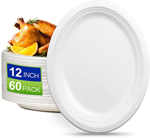 EcoAvance Oval Compostable Paper Plates 60 Pack, Large 12 inch, Eco Friendly Disposable Dinner Plates, Heavy Duty, White