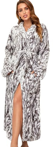 RONGTAI Fleece Robes for Women Plush Soft Warm Long Bathrobe with Pockets (Small,Gray Rabbit)