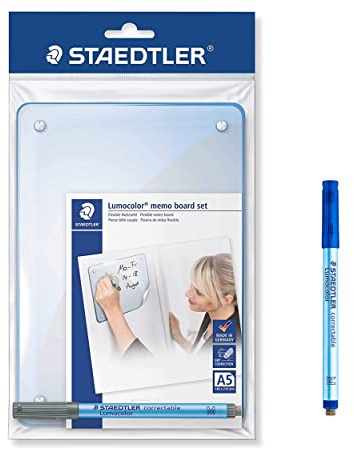 STAEDTLER Memoboard Lumocolor, selbsthaftend und wiederverwendbar, trocken abwischbar, inkl. Lumocolor correctable blau und schwarz, Stiftklemme