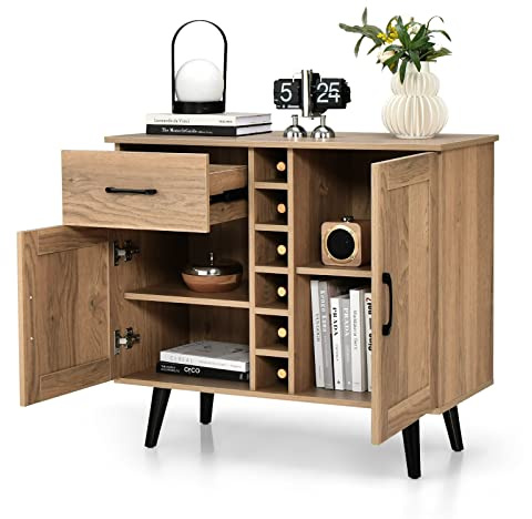 GOPLUS Aparador de Cocina con 6 Botellas de Vino, Gabinete de Bar con Cajón de Almacenamiento Extraíble, Armario de Cocina Natural para Salón Comedor, 90 x 40 x 79 cm