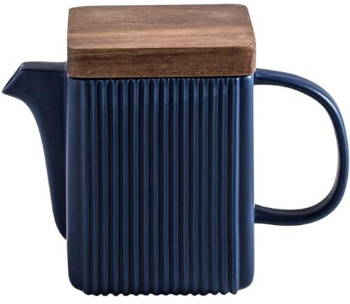 Soulnioi Tetera de cerámica, con tapa de madera de acacia, tetera cuadrada de cerámica, tazas de café de porcelana, con infusor de acero inoxidable para el hogar y la oficina, color azul