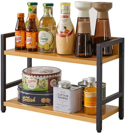 IBUYKE 2-Tier Spice Rack Industrial Counter Shelf Desktop Storage Organizer Standing Seasoning Rack for Countertop Kitchen Office Living Room Desktop Natural TLJ002N
