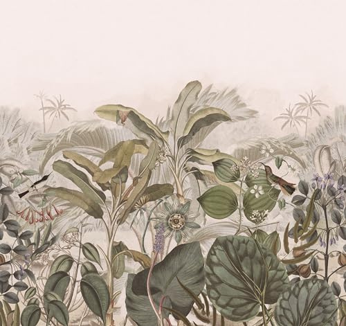 Rasch Carta da parati 543698 – Carta da parati fotografica su tessuto non tessuto con foglie, fiori e uccelli in verde e beige della collezione Curiosity, 2,65 m x 2,65 m (lunghezza x larghezza)
