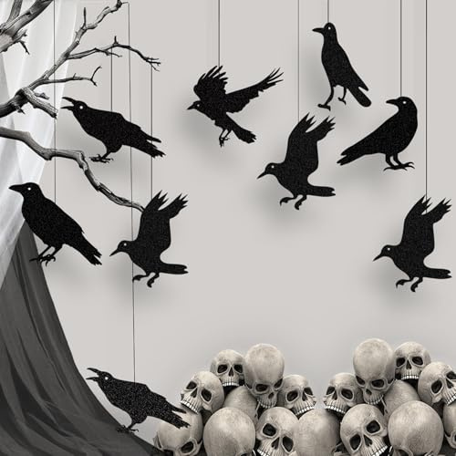 VIKY® Halloween Deko, 18 Stück Krähen Halloween Girlande Schwarz, Halloween Dekoration Accessoires, Realistische Krähen Hängende Girlanden, Hängedeko Girlande für Grusel Halloween Party Horror Deko