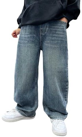 Verdusa Boys Jeans Baggy Straight Leg Elastic Waist Loose Denim Pants with Pockets Blue 14 Years